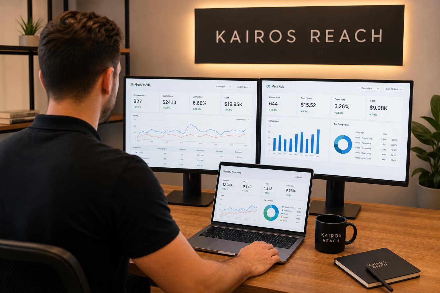 Roofing contractor reviewing a marketing analytics dashboard on a monitor in the office