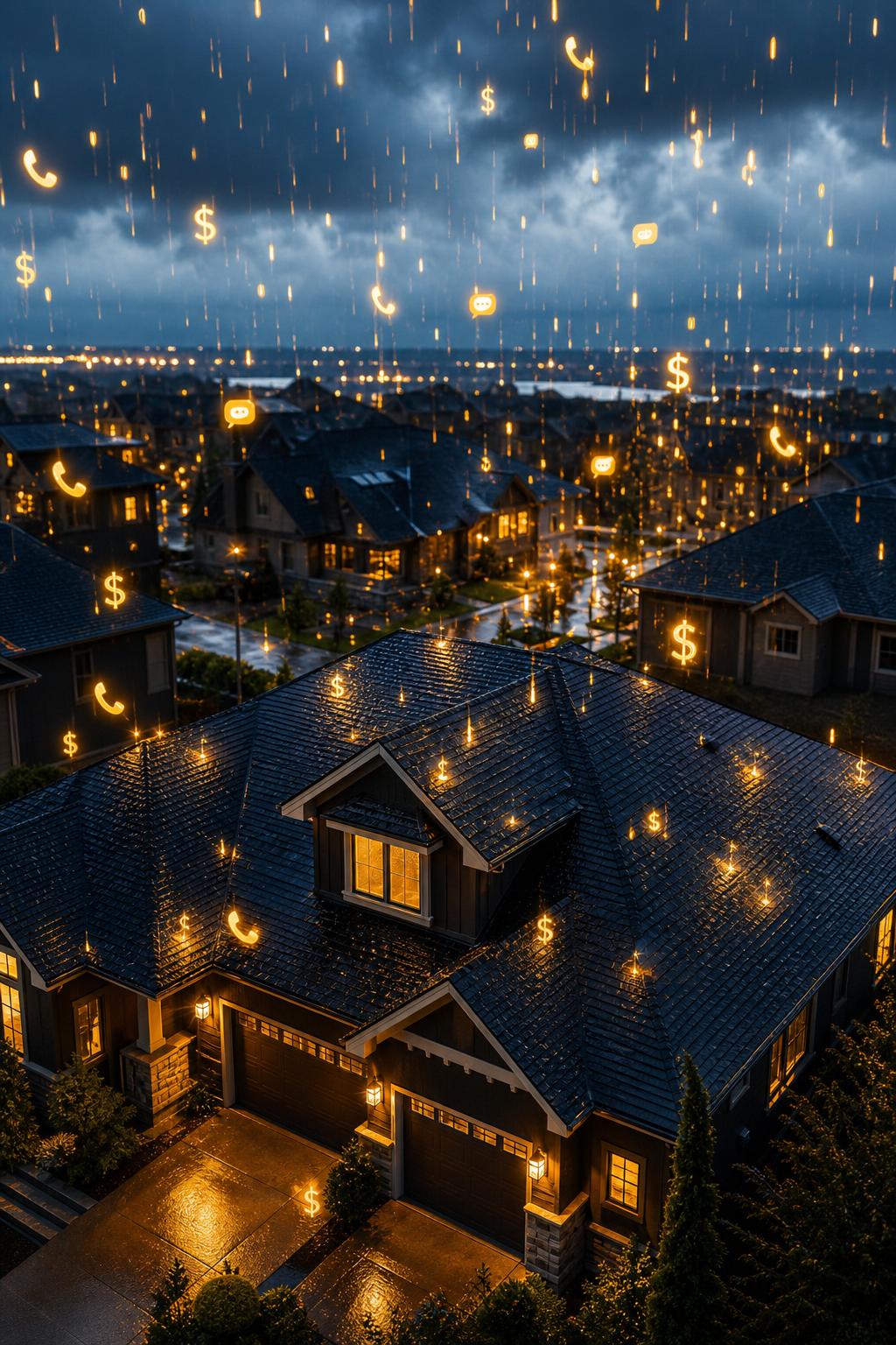 Roofing leads pouring in like rain — golden opportunity droplets falling on homes
