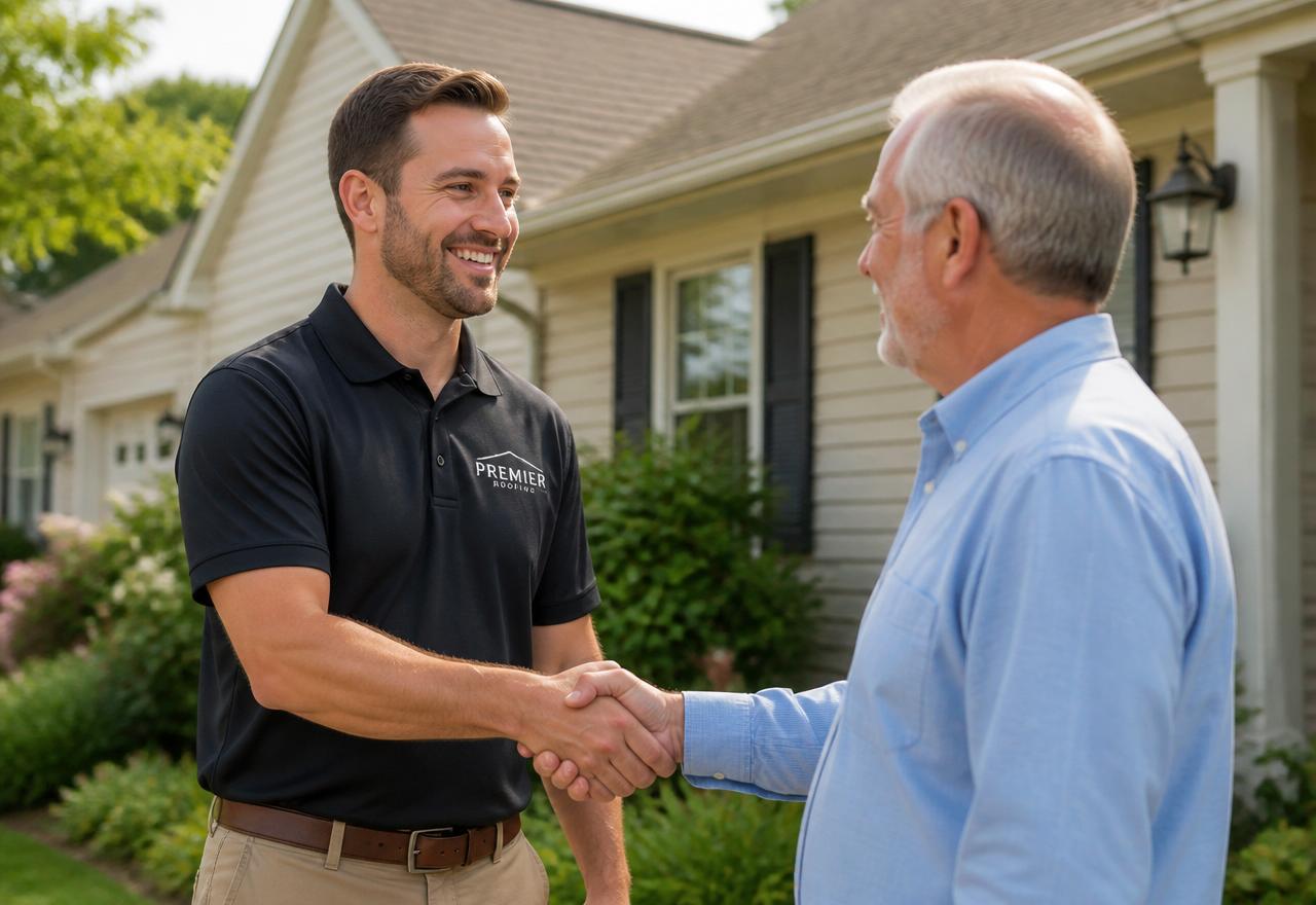 Roofing sales representative shaking hands with a homeowner outside their house after an estimate