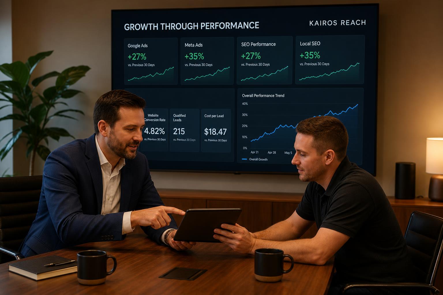 Marketing strategist and roofing contractor reviewing a growth plan together on a tablet