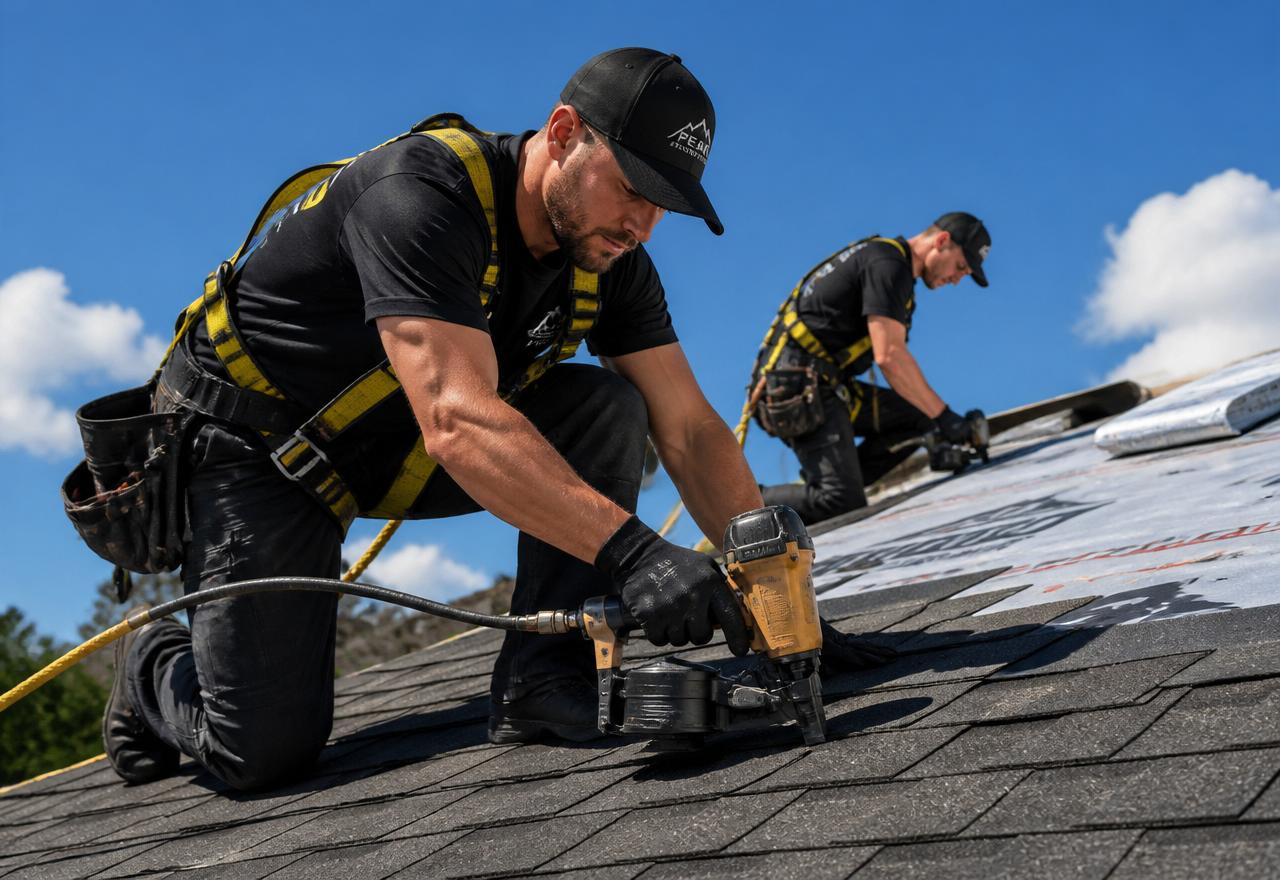 Roofing contractors in safety harnesses installing shingles on a residential roof
